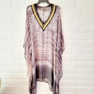 XCVI Sheer Ombre Tunic Coverup Kaftan with Beaded V-Neck